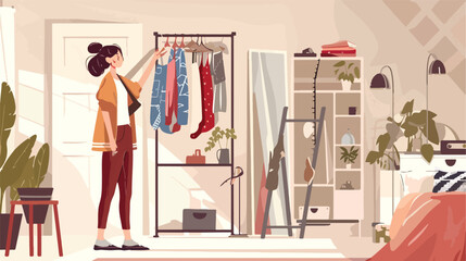 Young woman taking measures of rack in room Vector style