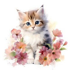 子猫と花の水彩イラスト