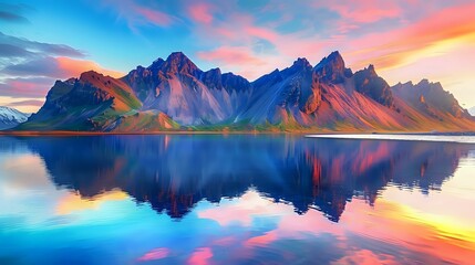 Fototapeta na wymiar Icelandic vest sacred mountain Stokksnes, reflecting the mountains in the water, colorful sky at sunset