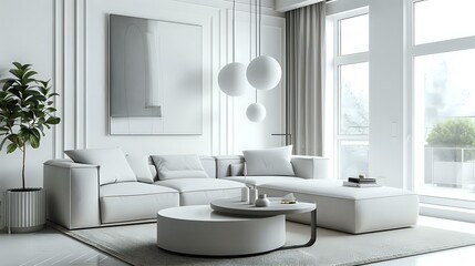 Modern interior design, accentual, subtle living room with a white and grey color palette, minimalistic sofa