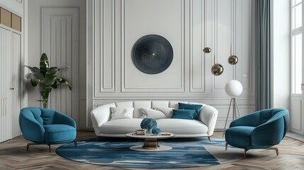 Modern interior design of a living room with white walls, blue and teal accents in the form of armchairs, sofa, coffee table, decorative wooden panels on the wall,