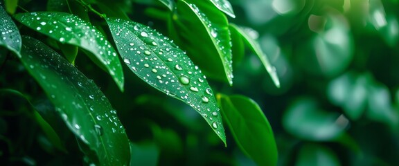 Fototapeta premium Background made of fresh green leaves with water drops. Green dynamic backdrop.