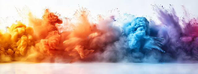 Colorful rainbow holi paint color powder explosion isolated white modern background
