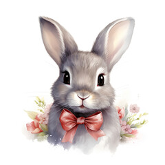 リボンをつけたうさぎの水彩イラスト