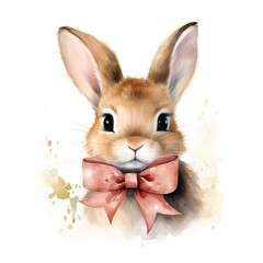 リボンをつけたうさぎの水彩イラスト