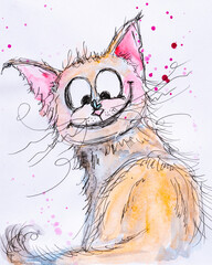 A gentle cat. Watercolor illustration of a funny kitten.
