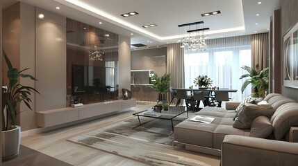 Modern interior design of the living room in light gray and brown tones, with an accent color on...