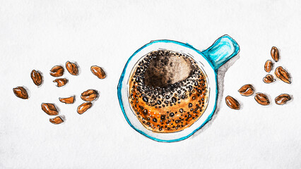 cup of coffee. coffee mug watercolor in on white background. Shop poster design. Sketch drawing. Sweet food. 