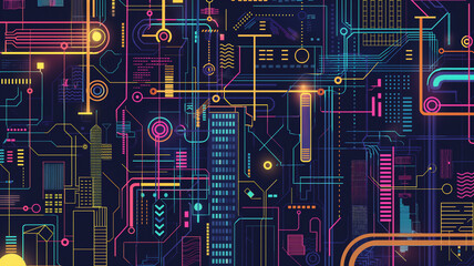 Vibrant digital circuit board with abstract neon lines and technological patterns across a dark background.