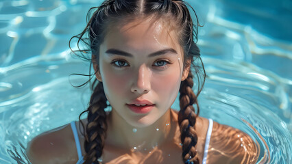 
Aquatic Elegance Sports Braids on Asian Swimmer Dynamic Style Asian Athlete with Braided Hair Waterborne Beauty Stylish Swim Look for Asian Swimmer Swim Style Asian Swimmer Sporting Sports Braids