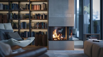 Obraz premium The sleek fireplace is complemented by a builtin bookshelf creating a cozy reading nook in the corner of the sleek and stylish apartment. 2d flat cartoon.