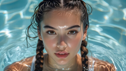 
Aquatic Elegance Sports Braids on Asian Swimmer Dynamic Style Asian Athlete with Braided Hair Waterborne Beauty Stylish Swim Look for Asian Swimmer Swim Style Asian Swimmer Sporting Sports Braids