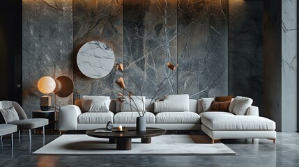 Modern style interior design, living room with grey marble panels on the wall and white sofa, coffee table in front of it, decorative lighting - obrazy, fototapety, plakaty