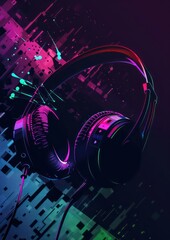 headphones playing dynamic music, and incorporate color blocks into the picture