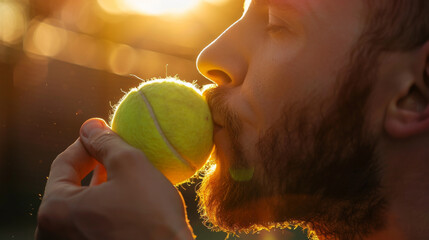 Caucasian tennis player man in love with tennis sport kiss a ball representing the importance of tennis in his life - Powered by Adobe