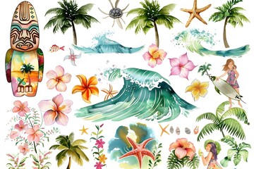 watercolor pastel pink green and light blue tropical beach elements, surfboards, palm trees, waves, hibiscus flowers, tiki mask, sea turtle, fish, bohemian woman dancing