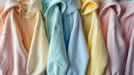 Several hoodies spread on colorful background