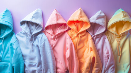 Several hoodies spread on colorful background