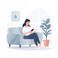 ソファに座ってスマホを操作する女性