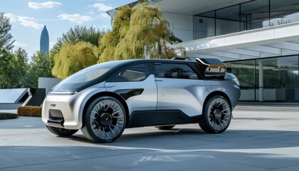 ev electric vehicle autonomous, futuristic van is silver and black, with large tires