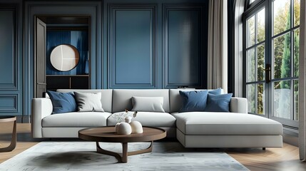 nterior design of a modern living room with a grey sofa, blue walls and a round coffee table in a luxury mansion with large windows