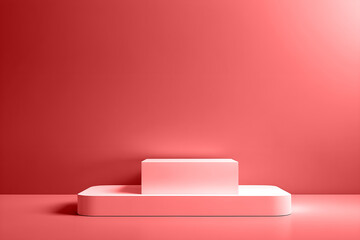 Empty podium or pedestal display on light red background with rectangular stand concept. Blank product shelf standing backdrop. 3D rendering.
