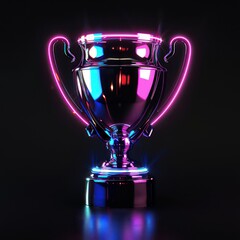 futuristic trophy, neon, metallic, hologram, cyan and magenta, black background