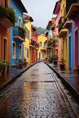Fototapeta premium Pelourinho in Salvador's old town, colorful colonial buildings and cobblestone squares, long shot