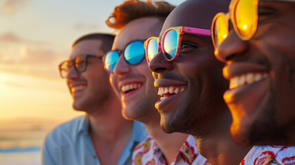 Group of young diverse men wearing sunglasses looking at sunset during summer time , guys friends with ethnic diversity in holidays background