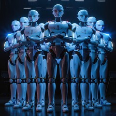 group of tech humanoid robots with crossed arms and stands against dark office background