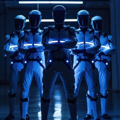 group of tech humanoid robots with crossed arms and stands against dark office background
