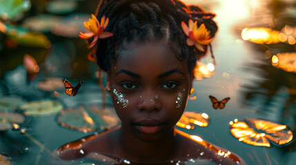 A beautiful exotic black african american girl emerging from pound water with plants and beautiful light showing the details of the beauty face in this luxuriant environment - Powered by Adobe