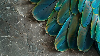 Vibrant blue and green parrot feathers layered over subtle grey marble.