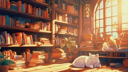 Cute cat in a cozy library, Lo-fi Anime style Seamless loop hip-hop chill music lofi bites vibes Relaxing animation - Powered by Adobe