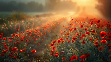 Obraz premium Field of red poppy flowers and drenched in sunlight background