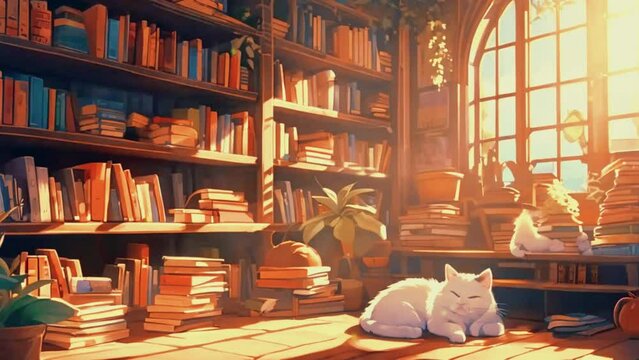 Cute cat in a cozy library, Lo-fi Anime style Seamless loop hip-hop chill music lofi bites vibes Relaxing animation