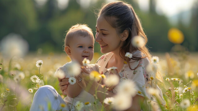 Joyful Mother and Baby Playing in Wildflower Meadow
