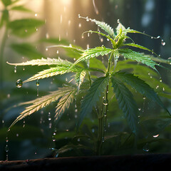 The tips of the leaves of a well-growing hemp plant are covered with drops of water