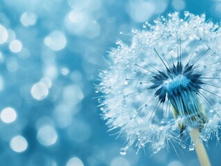Macro shot of a dandelion covered in dewdrops, with a soft blue bokeh background.