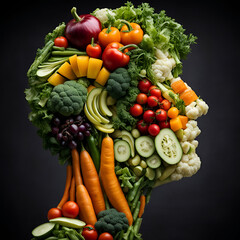 A profile of a human face made of vegetables and fruits