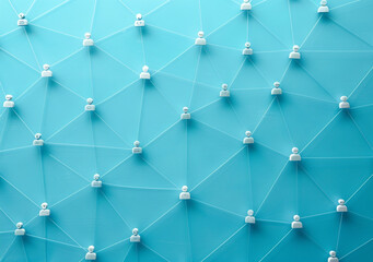 Fototapeta premium social network concept with connected people icons on blue background, flat lay, top view. AI art