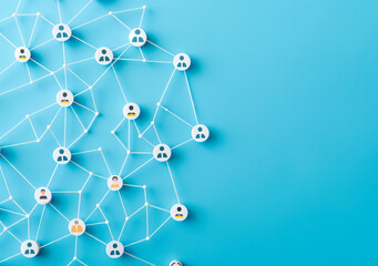 social network concept with connected people icons on blue background, flat lay, top view. AI art