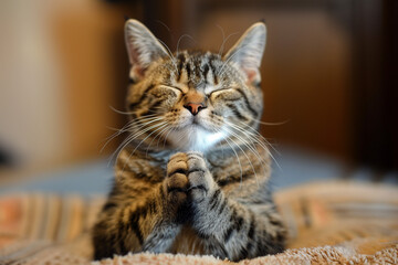 A charming illustration of a cat meditating serenely with its paws together, embodying peace and mindfulness. This whimsical depiction adds a playful yet tranquil touch, ideal for both cat lovers 