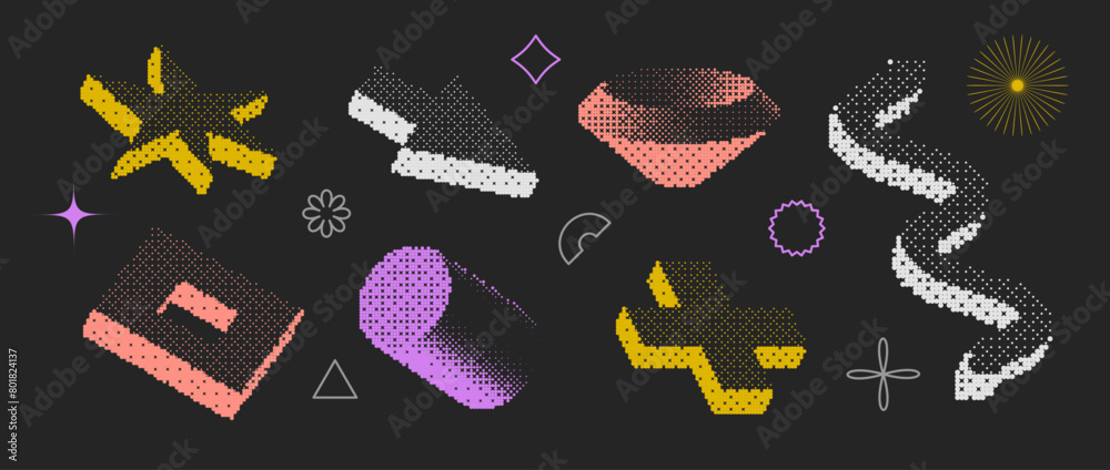 Poster Bitmap textured shapes set. Dither halftone objects collection. Colorful cylinder, arrow, cross, star, wave, elements for banner, poster, leaflet. Pixelated 3d raster effect bundle. Vector pack