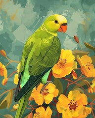 Green parakeet on yellow flowers, closeup, vibrant natural colors