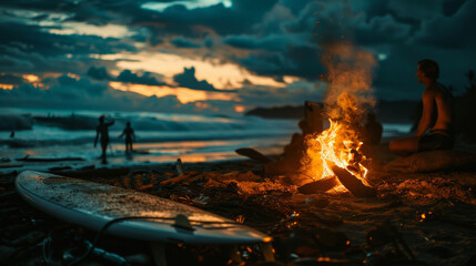 Beach bonfire on summer evening made by surfers relaxing after a day of surfing with friends , it is the moment for them to gathered around and share stories of their surf boards in the water