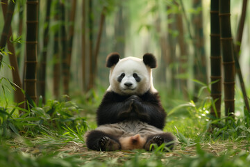 A serene illustration of a panda meditating cross-legged under a bamboo tree. This peaceful image portrays the panda in deep meditation, surrounded by the calming ambiance of a bamboo forest