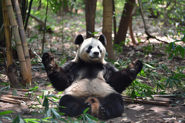 Obraz premium A serene illustration of a panda meditating cross-legged under a bamboo tree. This peaceful image portrays the panda in deep meditation, surrounded by the calming ambiance of a bamboo forest