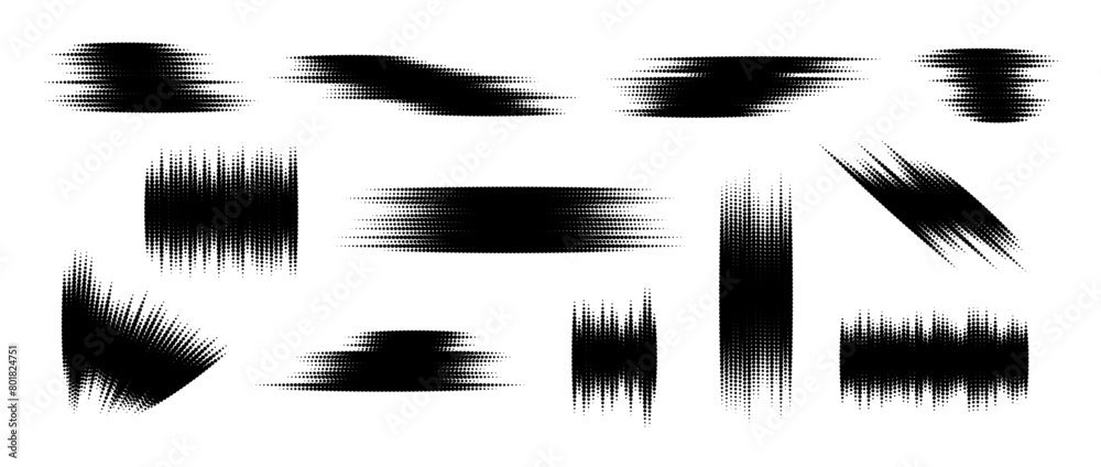 Poster Halftone glitch element set. Dotted textured random form collection. Black grunge abstract halftone spikey shapes for print, banner, poster, collage, overlay, label, tag. Distressed grunge vector pack