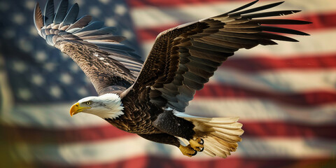 Majestic Bald Eagle in Flight Against American Flag